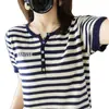 Primavera Verão Novo Tricô de Algodão Puro Estilo Coreano Meio Aberto Gola Redonda Tira de Botões Colorida Listrado Versátil Blusa Top de Bloco de Cor Simples Transfronteiriço
