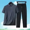 Conjunto de camiseta de manga corta de seda de mora de color liso y camisa POLO para hombre, casual de negocios de verano, transpirable, deportivo, agradable para la piel, dos piezas