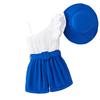 Ropa para Niños Baoxin Transfronteriza Nuevo Verano Conjunto de Tops con Tirantes de Hombro Asimétrico para Niñas Pequeñas y Medianas + Pantalones Cortos con Cinturón + Sombrero