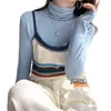 Camiseta de manga larga cepillada de doble cara para mujer, 270 g, para primavera y otoño, camiseta base corta ajustada, top de cuello alto estilo coreano