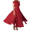 Moyashang Amazon Verano Más Vendido Moda Europea y Americana para Mujer Vestido sin Mangas Cuello Diagonal Color Sólido Cintura Ajustada con Falda Acampanada