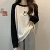 Camiseta Base de Punto Fino con Textura y Mangas Raglán de Smiley para Mujer, Camiseta de Manga Larga Holgada de Verano, Blusa Protectora Solar
