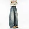 Fengshe Roupa Masculina / Jeans Desconstruído Estilo Retrô Americano com Corte de Foice para Homens e Mulheres, Calças Casuais Largas e Soltas com Efeito Drapeado