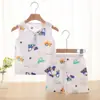 Traje de Chaleco de Algodón y Seda de Verano para Niños Niños y Niñas Dibujos Animados Sin Mangas Pantalones Base Ropa de Casa Traje de Bebé de Verano