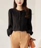 Camisa Elegante de Estilo Francés con Posicionamiento de Bordado Elegante Cuello Redondo Manga Larga Top Manga Farol Camisa de Protección Solar para Mujer Primavera y Verano