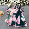 Vestido Estampado Estilo Resort Francés para Mujer, Mangas Tres Cuartos, Ceñido a la Cintura, Conjunto de Dos Piezas Adelgazante, Ropa de Trabajo Elegante de Verano con Perlas