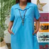 2026 Aliexpress Amazon Wish Cruzado Europeo y Americano Algodón y Lino Color Sólido Hombro Caído Manga Corta Bolsillo Vestido Casual