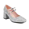 Aliexpress Tacones Altos Mary Jane para Mujer con Correa al Tobillo, Lentejuelas Brillantes, Tacones Gruesos, Punta Cuadrada Tacones Altos para Mujer