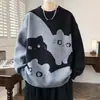 Invierno Nuevo Estilo Pareja Divertido Gato Tejido para Hombres y Mujeres, Cuello Redondo Tejido Perezoso, Camiseta Básica Casual para Hombres