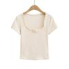 Camiseta de Encaje de Deseo Puro de Manga Corta para Mujer Verano Ajustada Adelgazante Cuello Cuadrado Camisa Base con Top de Lazo Corto