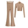 YPFF Moda Femenina Moda Elegante Sencilla Cuello Alto Manga Corta Camisa de Punto Cintura Alta Ajustado Traje de Dos Piezas