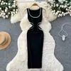 Vestido Largo de Punto de Manga Larga con Bloques de Color de Alta Gama Inspirado en Chanel para Mujer con Hebilla Metálica Ceñidor de Cintura Ajustado