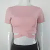 Camiseta para Yoga de Mujer Cruzada en la Cintura Expuesta Fitness Manga Corta Sudadera de Baile Ropa de Running de Secado Rápido Fábrica Mayorista Se Puede Pedir