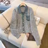 Suéter de Tricô Patchwork com Gola Jeans para Mulheres, Casaco Cardigan Engrossado, Design Outono e Inverno com Fechamento em Botão