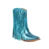 Bota Curta Feminina Europeia e Americana Bico Fino Salto Grosso Tamanho Grande Botas com Lantejoulas e Franjas 8242
