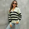 Suéter de Punto para Mujer de Comercio Exterior Transfronterizo Otoño e Invierno, Suéter de Manga Larga con Cuello Polo, Top de Punto Holgado a Rayas de Bloques de Color para Mujer