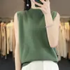 Camisole de lã tricotada de alta costura, gola semimédia, camisa base de verão soltinha para mulheres