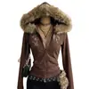 Sudadera Marrón Adelgazante Chica Atrevida Sudadera con Capucha Cardigan Chaqueta Retro Millennium Y2K Cuello Grande de Piel Bordado de Tótem