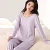 Pijama de Algodón Elástico de Algodón Puro de Dos Piezas para Mujer, Nuevo de Otoño al por Mayor, Cuello Redondo Pullover, Se Puede Usar Afuera, Ropa para el Hogar