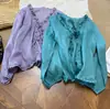 Camisa de Encaje Tencel Ramio Estilo Retro Francés con Volantes Cuello en V Camisa de Corbata para Mujer Versátil Color Sólido Cardigan Protector Solar