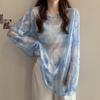 Real-shot Tie-dyed Mesh Sunscreen Top Feminino Verão Novo Loose Ice Silk Thin Perspective Blusa de manga comprida