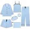 Pijama Delgado Estilo Ins Transfronterizo de Comercio Exterior para Mujer, Conjunto de Siete Piezas para Primavera y Otoño, Ropa de Casa con Patrón de Grulla, Pijama Delgado para Todas las Estaciones