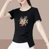 2026 Nuevo Modelo Camiseta de Manga Corta para Mujer de Comercio Exterior, Corte Holgado, Tallas Grandes, Adelgazante, Cubre Vientre, Top Estampado de Media Manga