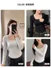 Camiseta feminina manga longa estilo coreano atmosférica para outono e inverno, gola quadrada, caimento justo, acinturada, peça base, top moderno com barra curva