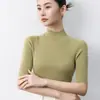 Top de punto a rayas de manga corta para mujer, cuello medio alto, para principios de otoño, canalé vertical, adelgazante, elástico, simple, color liso, capa base de manga corta