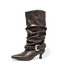 Estilo Popular Europeo y Americano Botas de Mujer de Talla Grande Tejidas con Cuerda Plisadas Remaches Tacón de Aguja Botas Tipo Calcetín Botas Versátiles Botas de Media Caña Verano para Mujer