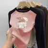 Camiseta térmica de manga larga cepillada para niñas, cuello redondo, otoño e invierno, con panel, para usar por dentro, estampado de dibujos animados, para niños de mediana y mayor edad