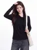 Top de malha estilo francês para mulheres, nova coleção de outono, manga longa justo, suave e elegante, efeito emagrecedor, com detalhe de amarração, perfeito como base
