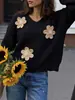 Otoño/Invierno 2026 Nuevo Estilo Europeo y Americano Suéter Pulóver de Retazos con Parche de Flor de Perlas Tridimensional Ropa de Punto para Mujer Transfronteriza