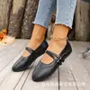 E-commerce Transfronteiriço Outono 2026 Sapatos Mary Jane com Fivela Dupla Femininos Bico Redondo Couro Macio Planos Sapatos de Uma Sola Corte Baixo Francês Versátil