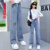Calça jeans wide leg para meninas Primavera e Outono 2023 nova vestuário infantil atacado rede popular tendência calças para crianças grandes e pequenas calças retas