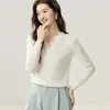 Bai Cai Rong 100% caxemira pura feminina gola V meio aberta gola redonda camisa base 2026 nova manga longa confortável versátil macia