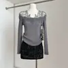 Suéter de Punto Patchwork con Encaje Gris de Alta Gama Estilo Francés para Mujer, Capa Base Otoño e Invierno, Corte Delgado, Adelgazante, Top de Cuello Semi Alto