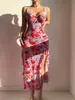 Nuevo Vestido Floral de Tirantes Finos Ropa de Casa para Mujeres Europeas y Americanas Sexy de Escote Profundo Camisón Falda Larga con Abertura Verano