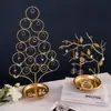 Luz Nórdica Luxo Dourado Forma de Árvore Ferro Forjado Suporte de Joias Árvore de Natal Suporte de Brincos Multi-anéis Galhos com Folhas com Base