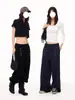 Pantalones casuales de estilo retro americano con detalles de botones, cintura elástica, corte holgado, piernas anchas y diseño versátil