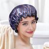 Gorro de baño de lunares pequeños de Amazon, doble capa, de satén PEVA, impermeable, grueso, estampado, para adultos, venta al por mayor