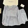 Pijama de Mujer para Primavera y Otoño, Algodón Nube, Rayas Finas Rosas, Cuello de Muñeca, Ribete Azul, Cárdigan, Manga Larga, Pantalones Largos, Conjunto Casual para Casa
