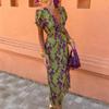 Moda Europeia e Americana da Primavera da Amazonia Saia Longa Estampada em Contraste Vestido Elegante Slim de Manga Curta com Decote em V