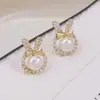 Brincos de Coelho com Laço Fofo, Diamantes e Pérolas Naturais de Água Doce, Agulhas de Prata Esterlina S925, Brincos para o Dia a Dia