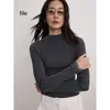 Camiseta básica de lana para mujer para otoño con ribete de encaje y mangas largas, cuello semi-alto, corte ajustado y diseño elegante