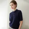 Nueva popular tendencia de otoño, camisa base de punto 100% cachemira para mujer, corte holgado, con mangas tres cuartos, cuello POLO y mangas cortas sencillas