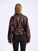 Chaqueta de Piel Sintética Estilo Europeo y Americano con Patrón de Lichi, Cierre de Botones, Solapa, Cinturón, Estilo Biker Vintage, Moda Transfronteriza para Mujer