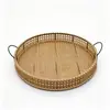 Cesta de armazenamento redonda de rattan natural, tecida à mão, com alça, bandeja para armazenamento de frutas e lanches, bandeja de armazenamento para itens diversos de mesa