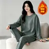 Conjunto de Top de Manga Larga y Pantalones de Vellón Alemán de 220g para Mujer, Ropa de Casa Engrosada de Invierno, Conjunto Completo, Holgado Casual, Se Puede Usar Afuera, Pijama