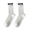 Calcetines Suaves y Acogedores de Lana para Mujer, Otoño e Invierno Espesos Cálidos Calcetines de Media Pantorrilla con Lazo Bloque de Color, Calcetines Arrugados con Etiqueta de Tela Blanca Estilo Japonés